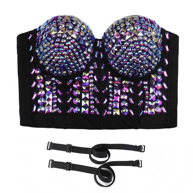 ELLACCI Women's Sexy Rhinestone Bustier Crop Top Club Party Glitter Corset Top Bra Purple Medium - Image 4